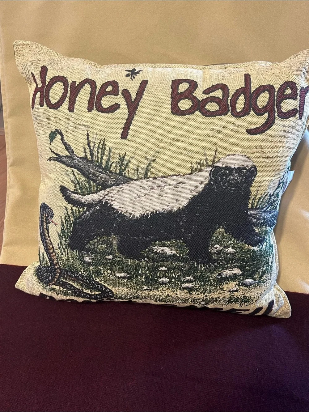 Simply Home Throw Pillow. w/Honey Badger & Cobra. 18” x 18” whimsical for inside